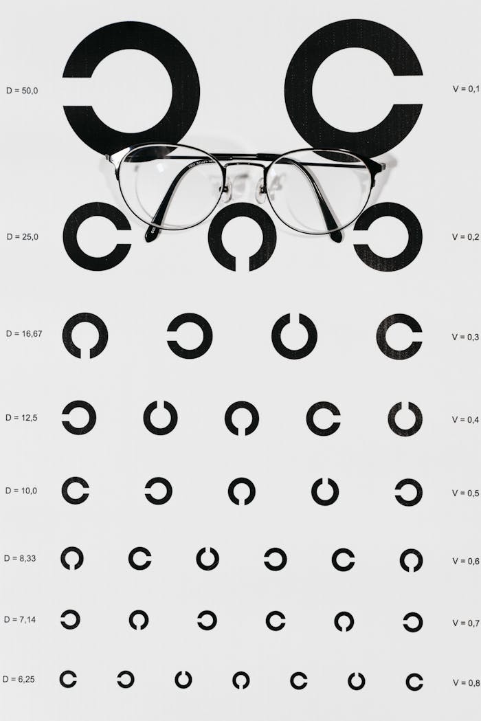 Close-up of an eye examination chart with eyeglasses on top, highlighting vision testing.